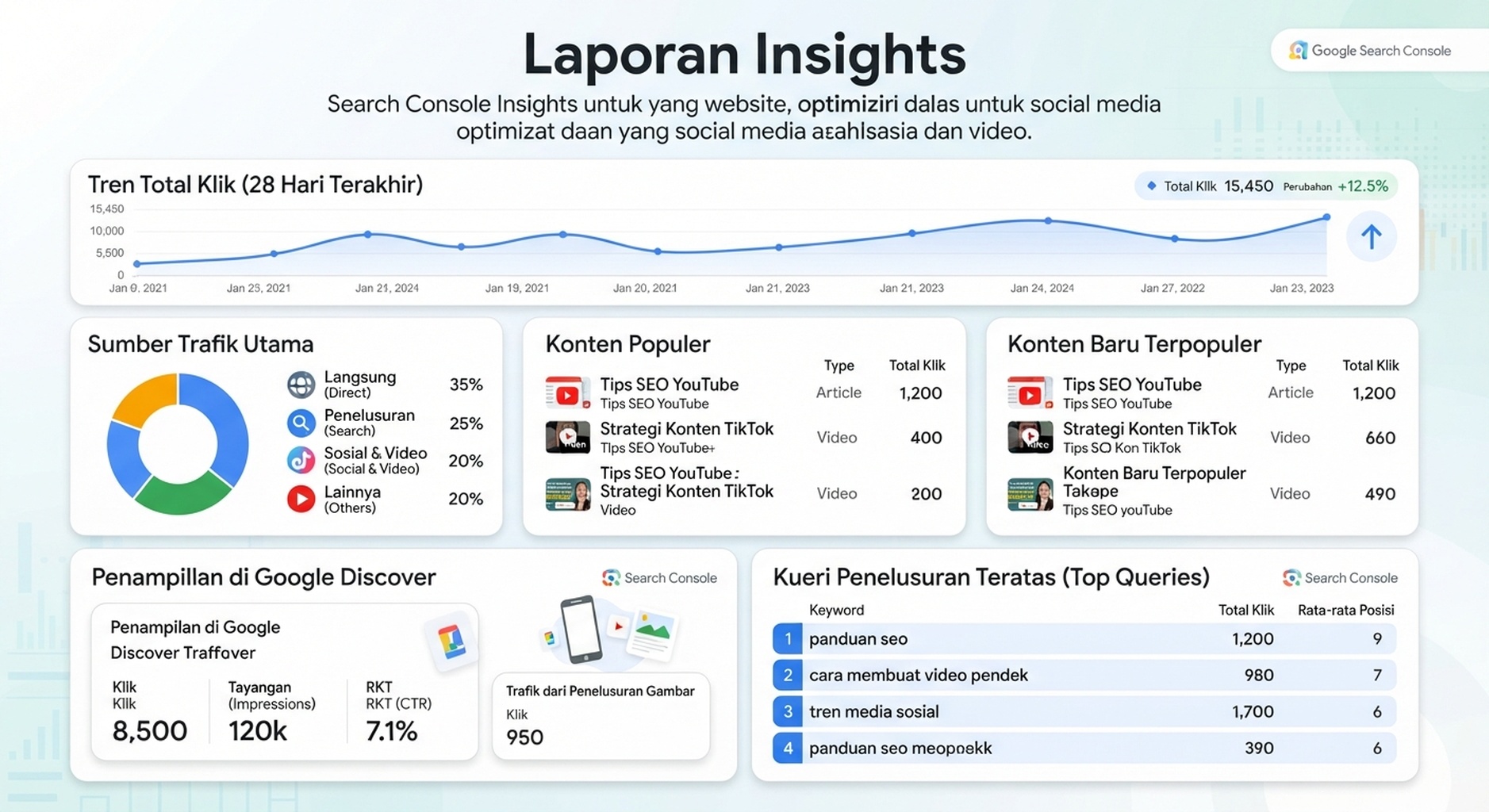Infografik Google Search Console Insights dengan klik YouTube, sumber traffic, dan daftar query