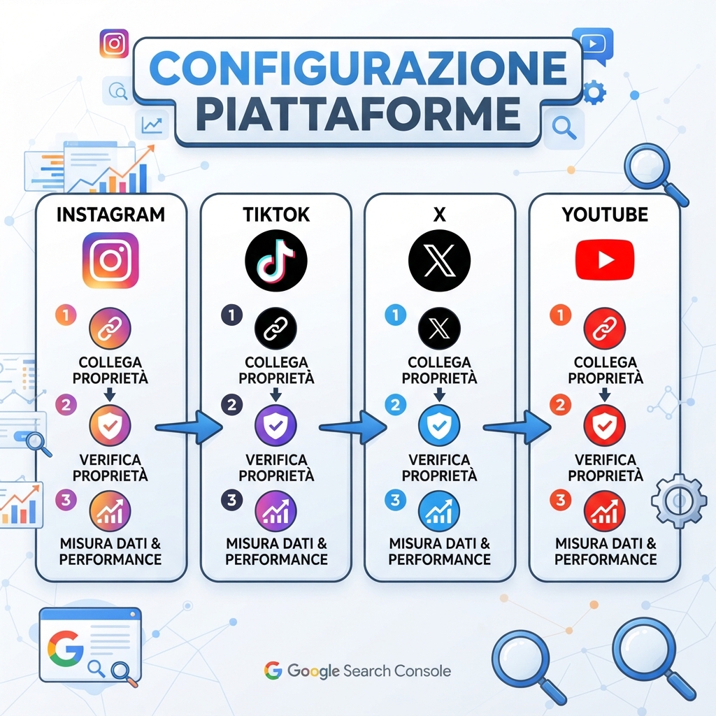 Infografica di configurazione delle proprietà di piattaforma Google Search Console per Instagram, TikTok, X e YouTube