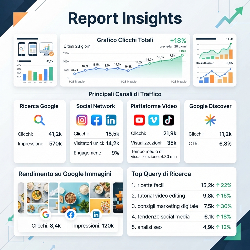 Infografica Google Search Console Insights con click YouTube, fonti di traffico e lista query