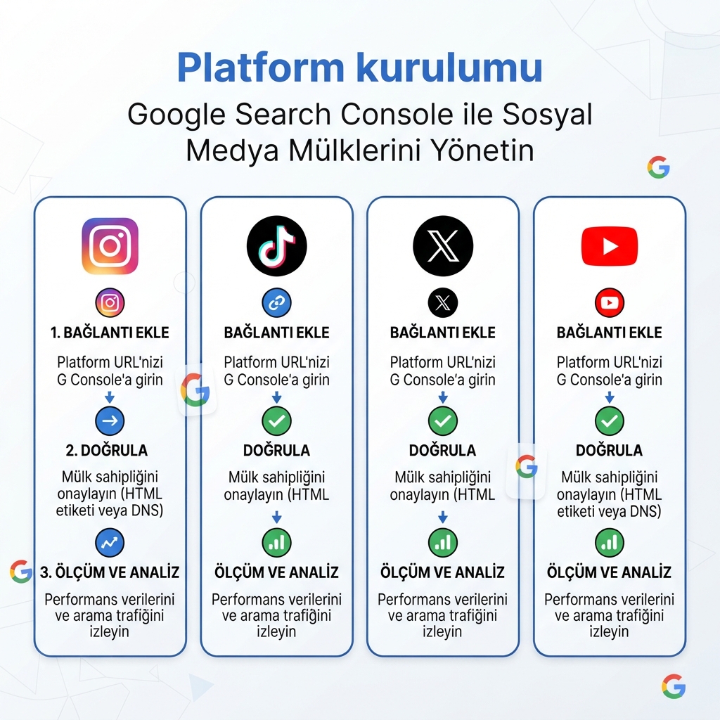 Instagram, TikTok, X ve YouTube için Google Search Console platform mülkü kurulumu infografiği