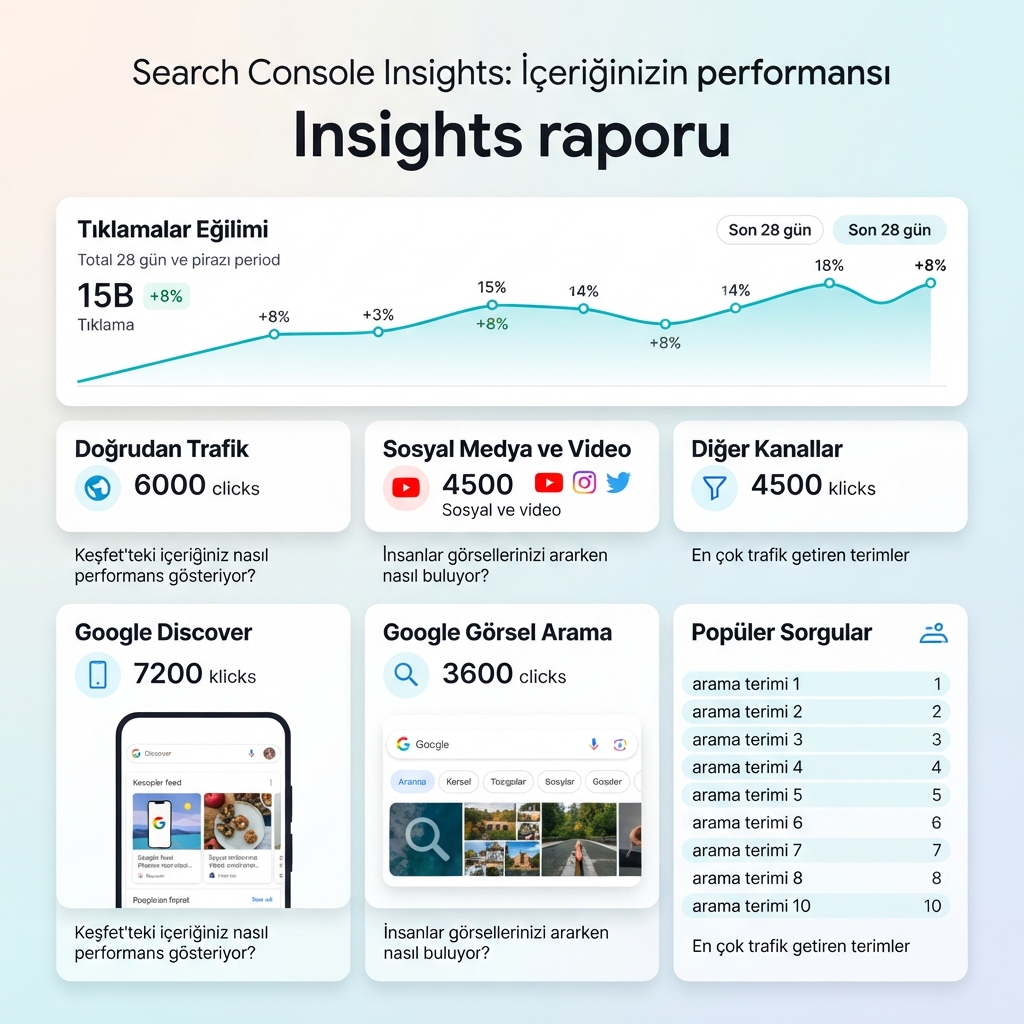 YouTube tıklamaları, trafik kaynakları ve sorgu listesini gösteren Google Search Console Insights infografiği