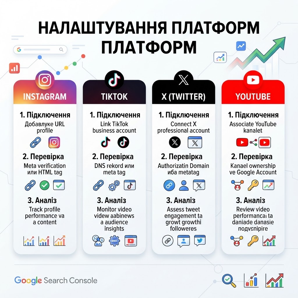 Інфографіка налаштування властивостей платформ Google Search Console для Instagram, TikTok, X і YouTube