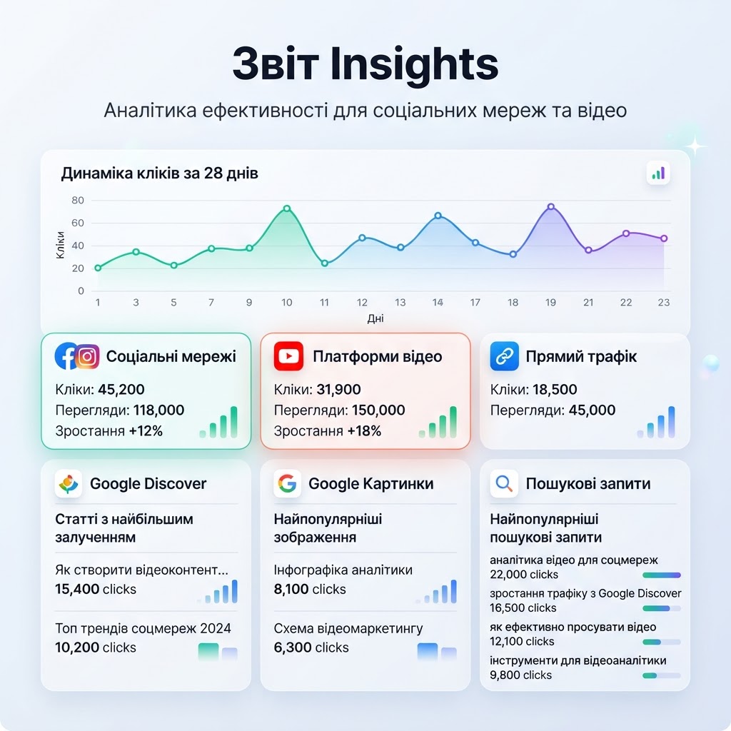 Інфографіка Google Search Console Insights із кліками YouTube, джерелами трафіку та списком запитів