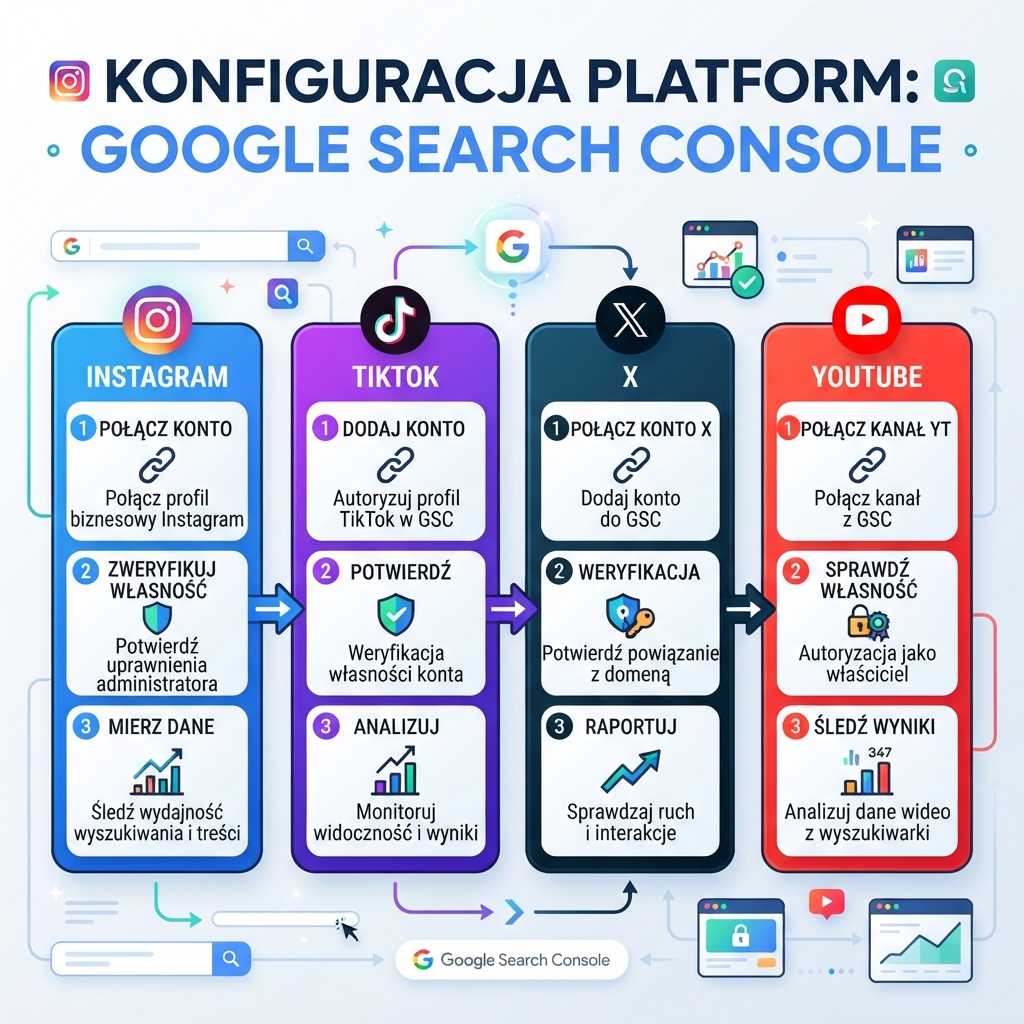 Infografika konfiguracji właściwości platform Google Search Console dla Instagram, TikTok, X i YouTube