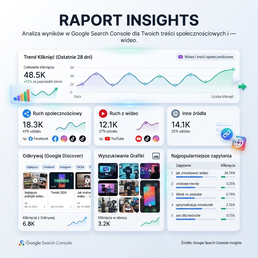 Infografika Google Search Console Insights z kliknięciami YouTube, źródłami ruchu i listą zapytań