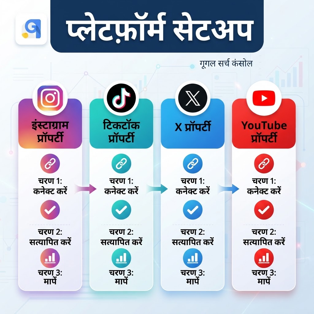 Instagram, TikTok, X और YouTube के लिए Google Search Console platform property setup infographic