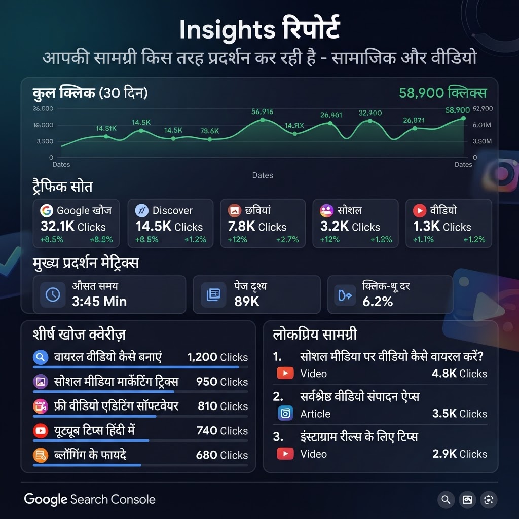 Google Search Console Insights infographic जिसमें YouTube clicks, traffic sources और query list दिखती है