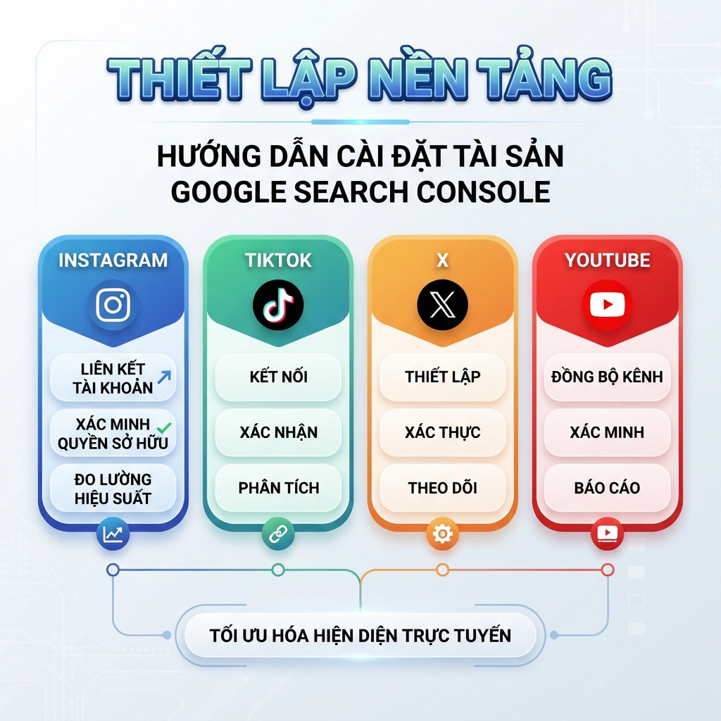 Infographic thiết lập thuộc tính nền tảng Google Search Console cho Instagram, TikTok, X và YouTube