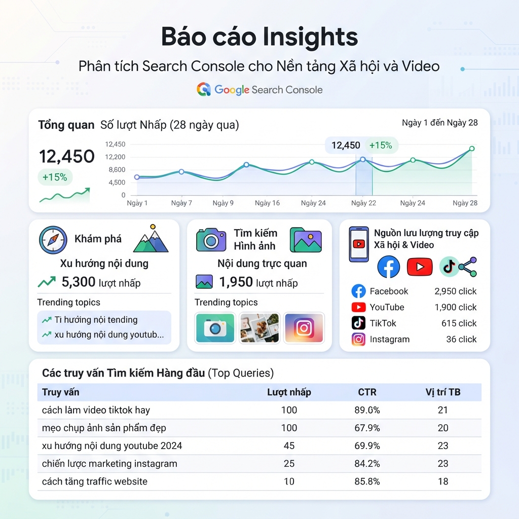Infographic Google Search Console Insights với click YouTube, nguồn traffic và danh sách query