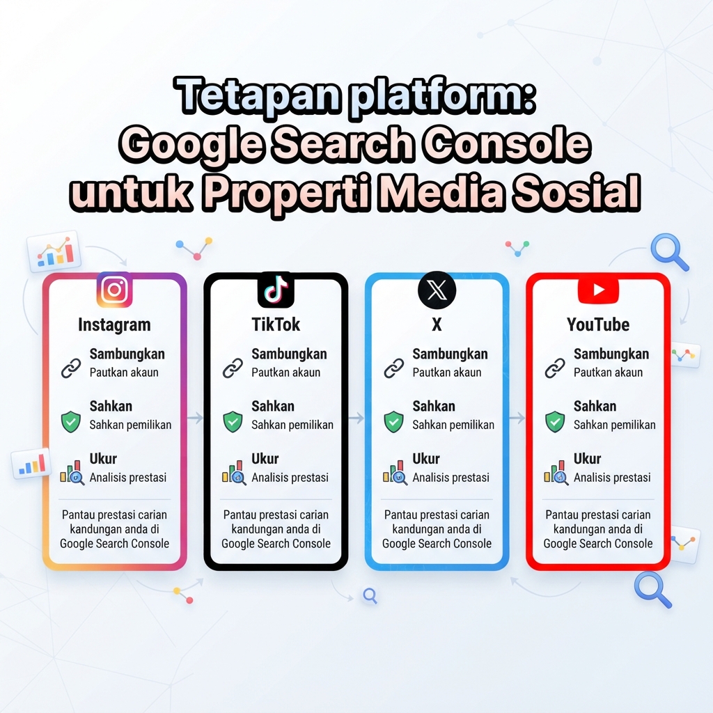 Skrin tetapan Google Search Console untuk platform property Instagram, TikTok, X dan YouTube