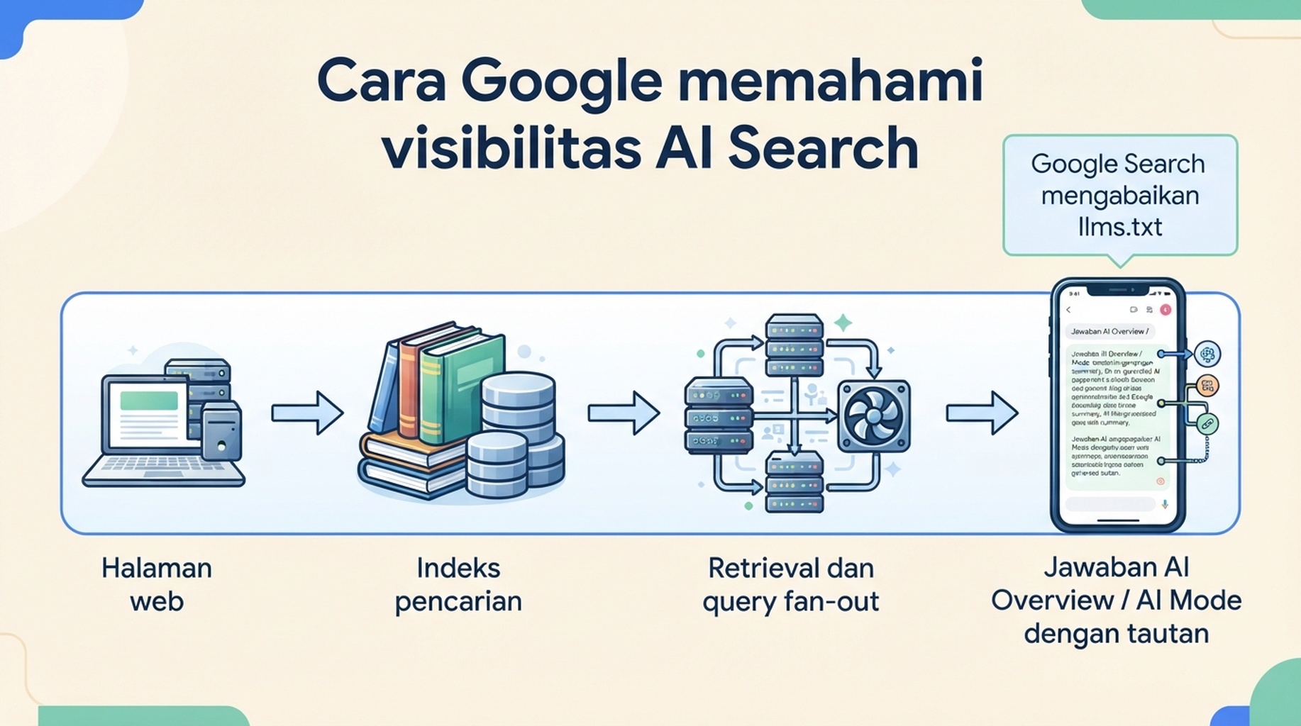 Diagram yang menunjukkan bagaimana Google Search menggunakan halaman terindeks, retrieval, dan query fan-out untuk jawaban AI sambil mengabaikan llms.txt