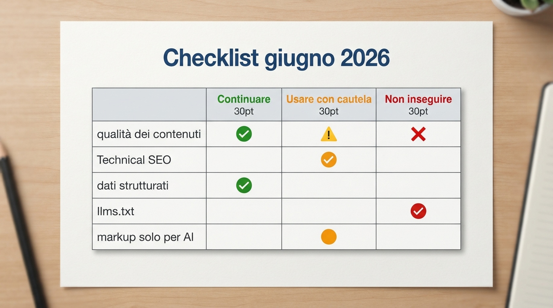 Matrice checklist che mostra cosa i team SEO dovrebbero continuare a fare, usare con cautela e non inseguire dopo il chiarimento di Google su llms.txt a giugno 2026