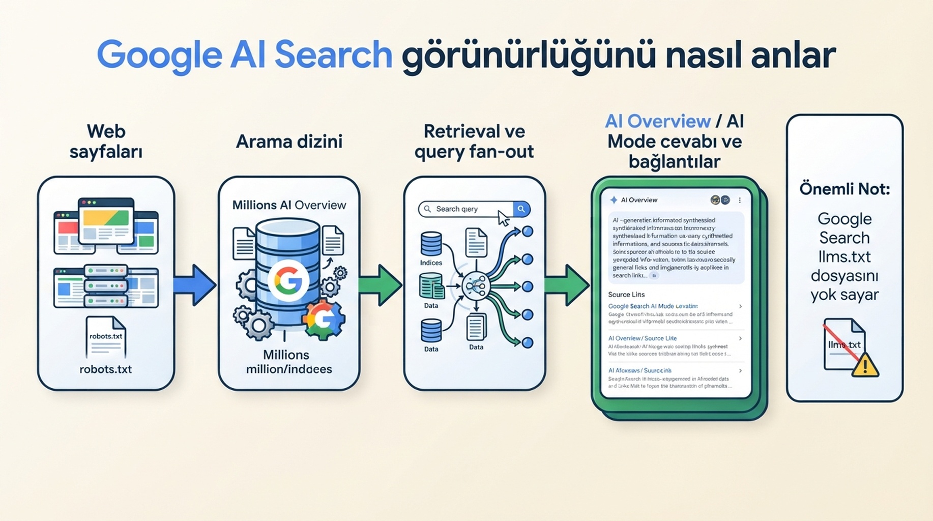 Google Search'ün AI cevapları için indekslenmiş sayfaları, retrieval ve query fan-out'u nasıl kullandığını, llms.txt dosyasını ise yok saydığını gösteren diyagram