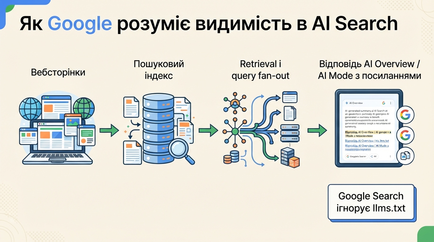 Діаграма показує, як Google Search використовує проіндексовані сторінки, retrieval і query fan-out для AI-відповідей, ігноруючи llms.txt