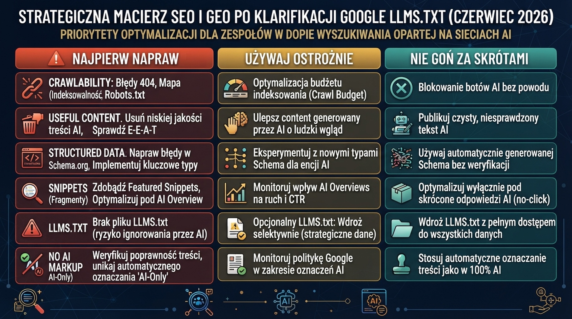Macierz kontrolna pokazująca, co zespoły SEO powinny utrzymywać, czego używać ostrożnie i za czym nie gonić po wyjaśnieniu Google z czerwca 2026 dotyczącym llms.txt