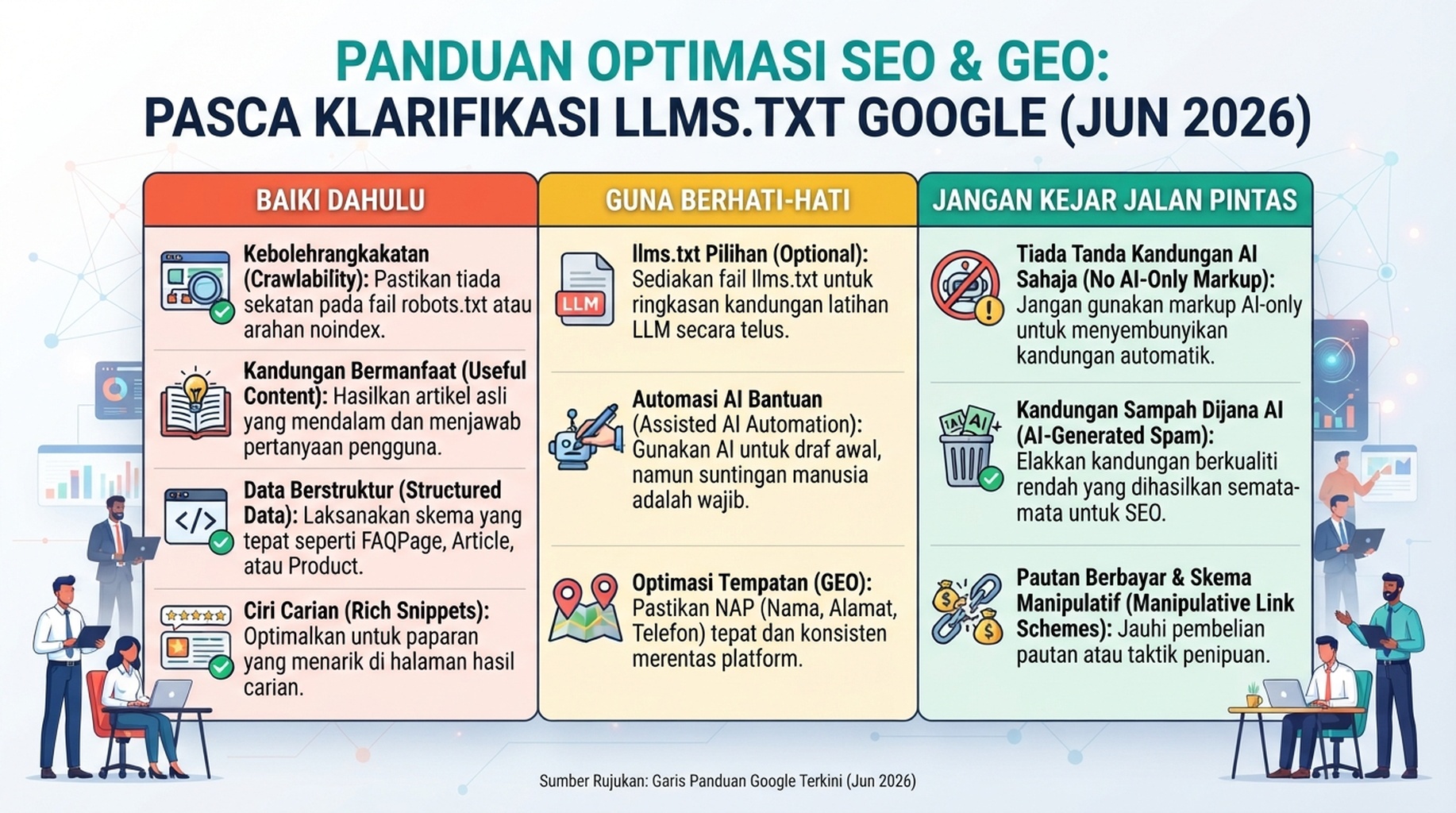 Matriks senarai semak yang menunjukkan apa yang pasukan SEO patut kekalkan, gunakan dengan berhati-hati dan elakkan mengejar selepas penjelasan Google Jun 2026 tentang llms.txt