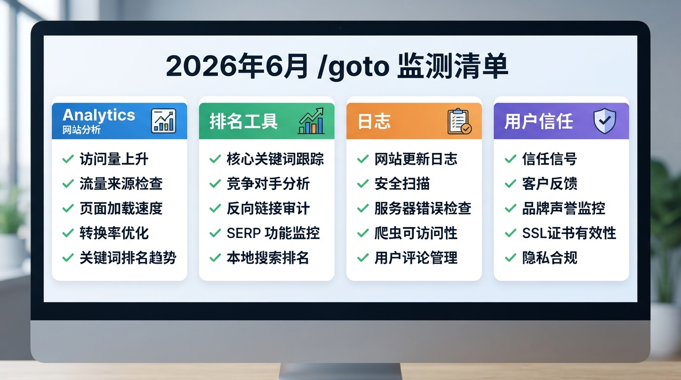 用于监测 2026 年 6 月 google.com/goto 观察后 analytics、排名工具、日志和用户信任的仪表盘式清单