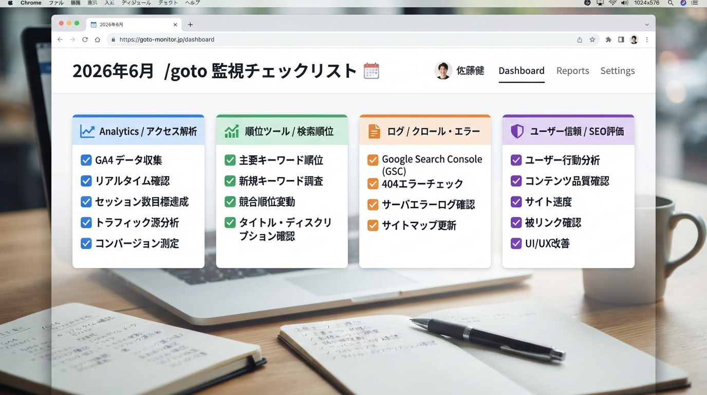 2026年6月の google.com/goto 観測後に analytics、順位ツール、ログ、UX信頼を監視するチェックリストダッシュボード