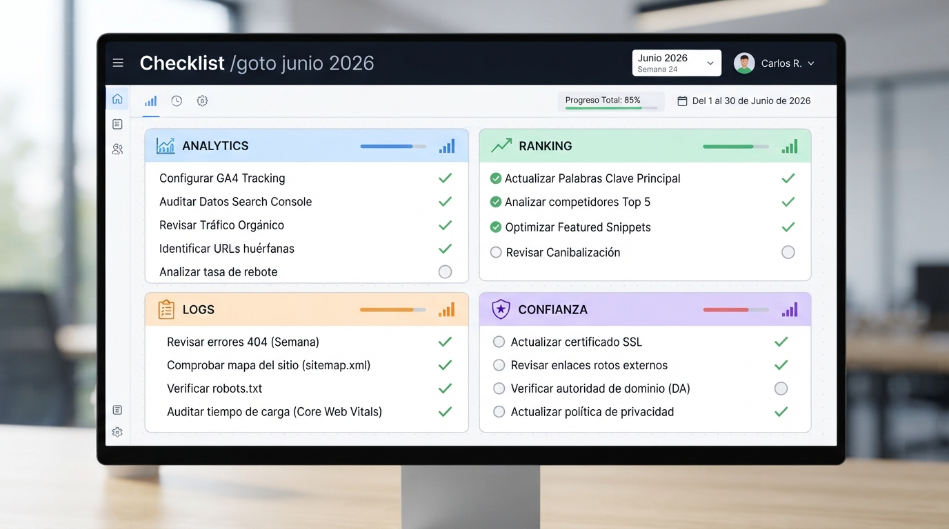 Dashboard de checklist para monitorear analytics, rank trackers, logs y confianza tras las observaciones de google.com/goto en junio de 2026
