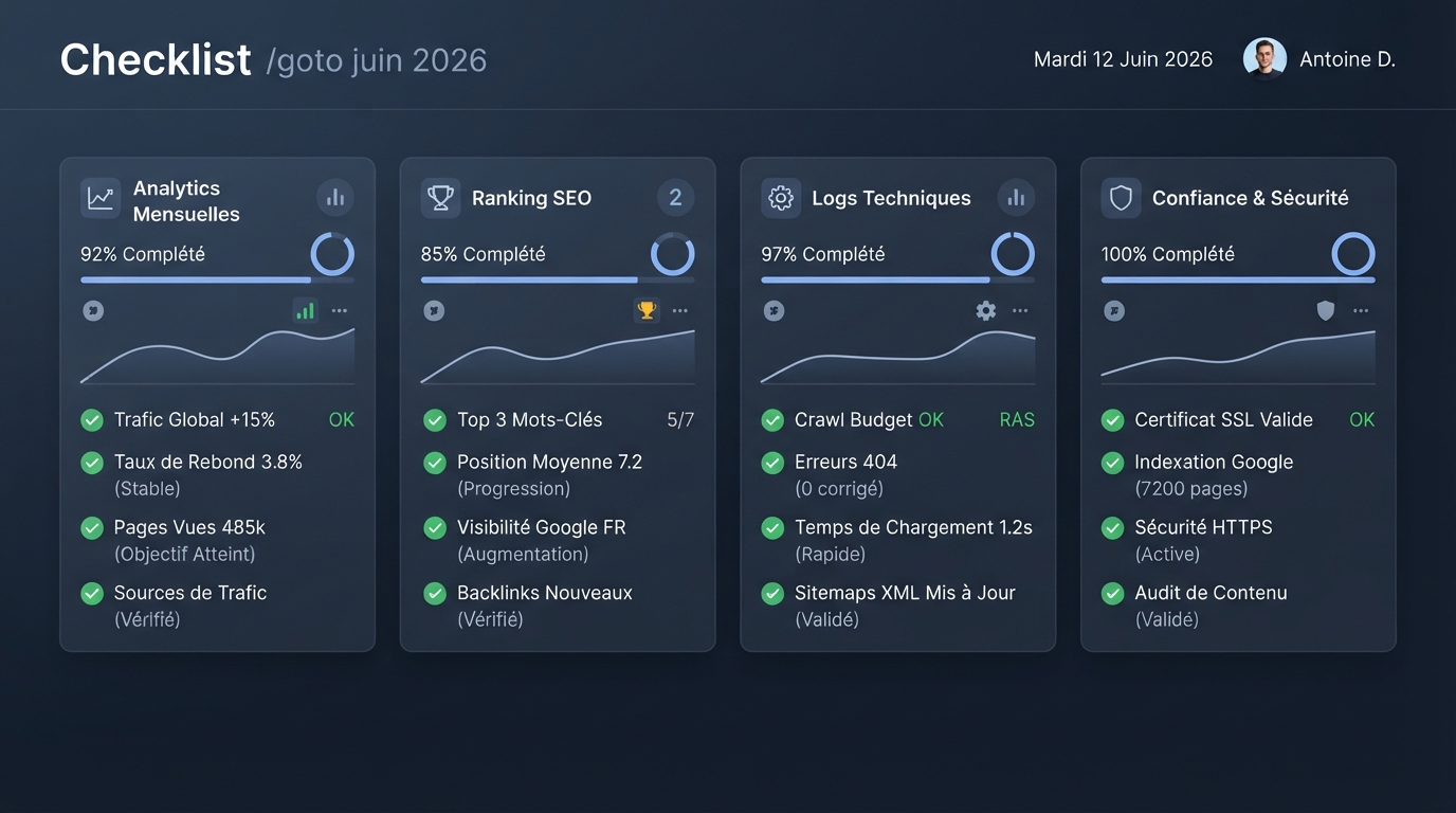 Dashboard de checklist pour suivre analytics, rank trackers, logs et confiance après les observations google.com/goto de juin 2026