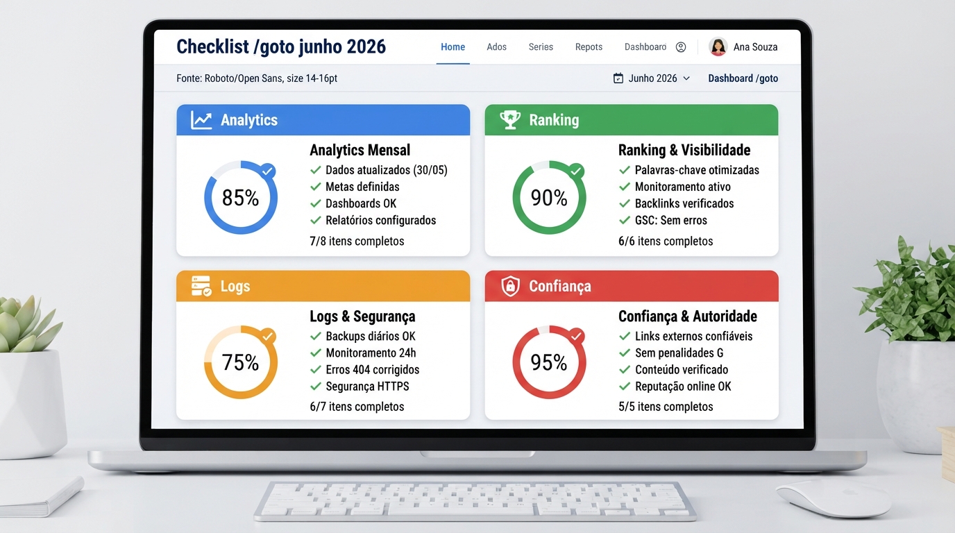 Dashboard de checklist para monitorar analytics, rank trackers, logs e confiança depois das observações de google.com/goto em junho de 2026