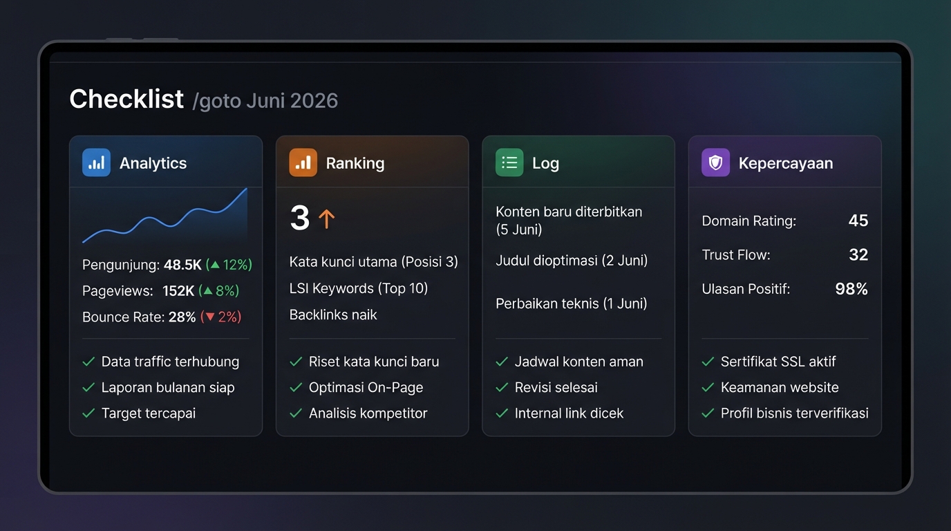 Dashboard checklist untuk memantau analytics, rank tracker, log, dan kepercayaan setelah observasi google.com/goto pada Juni 2026