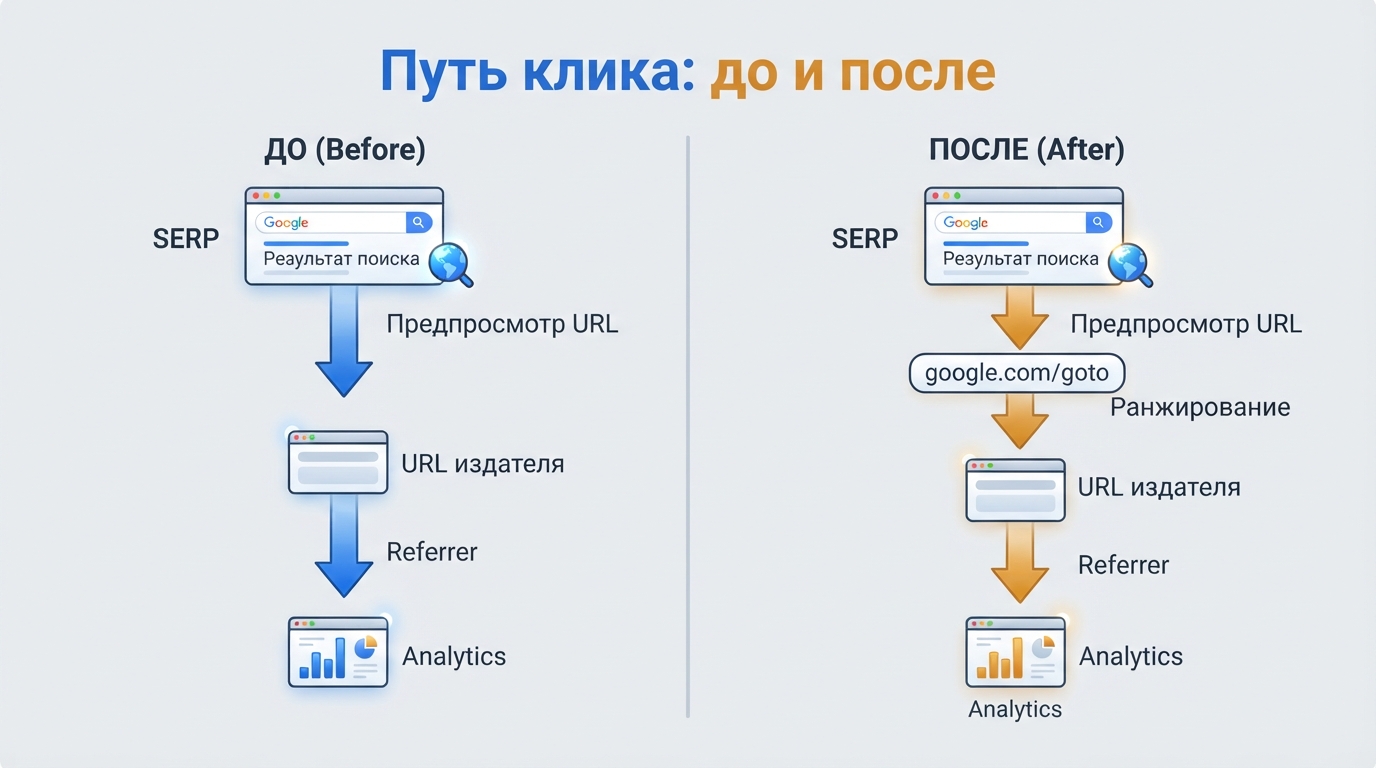 Диаграмма сравнивает прямой клик из Google и новый путь редиректа через google.com/goto