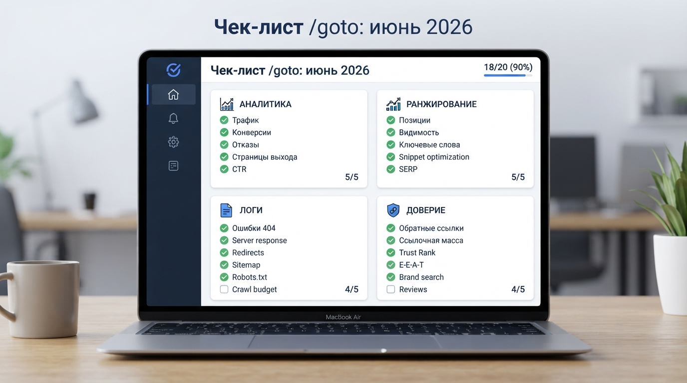 Dashboard-чек-лист для мониторинга analytics, rank tracker, логов и доверия после наблюдений google.com/goto в июне 2026