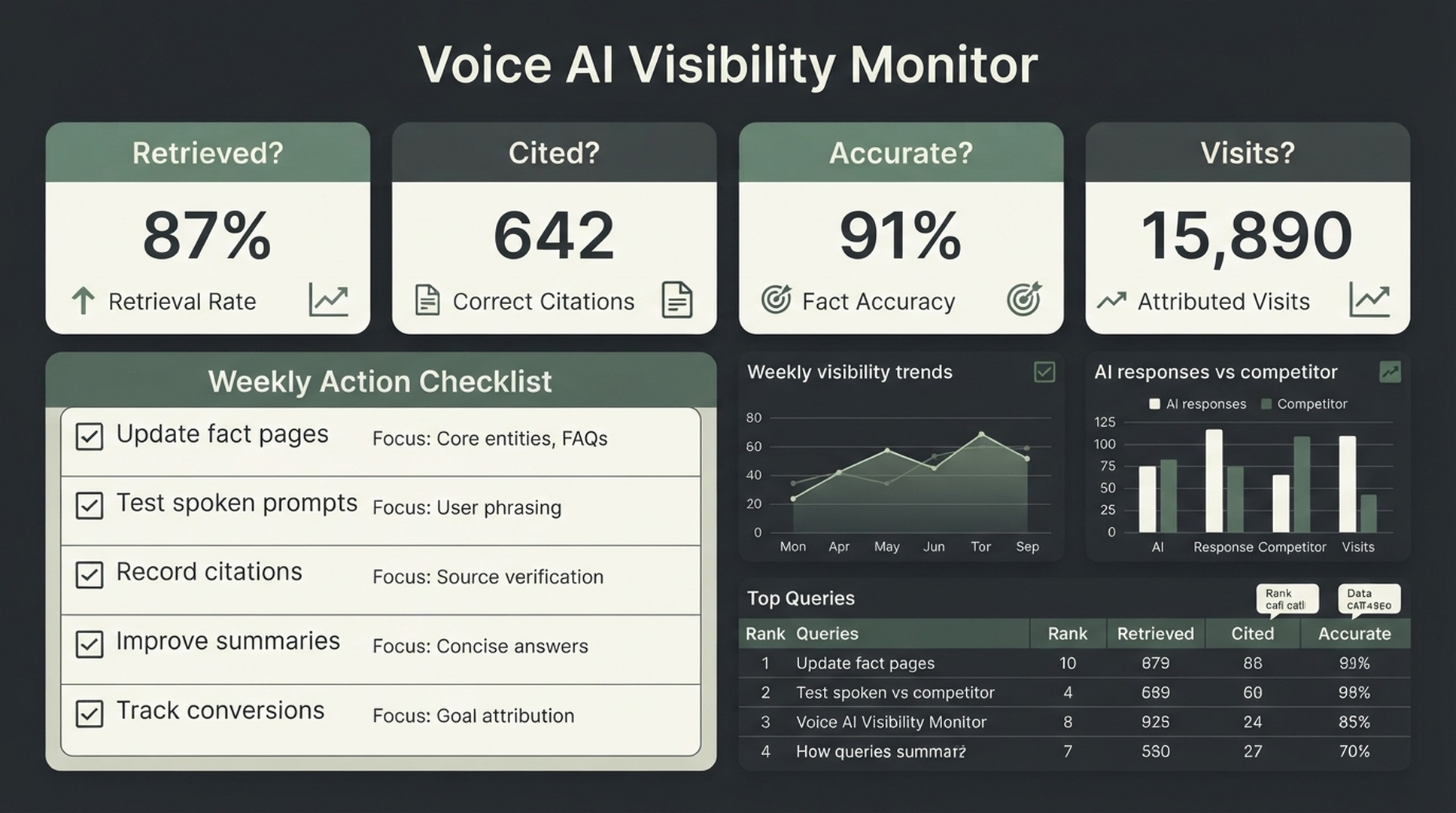 Voice AI Visibility Monitor dashboard with checks for retrieval, citations, accuracy, and visits