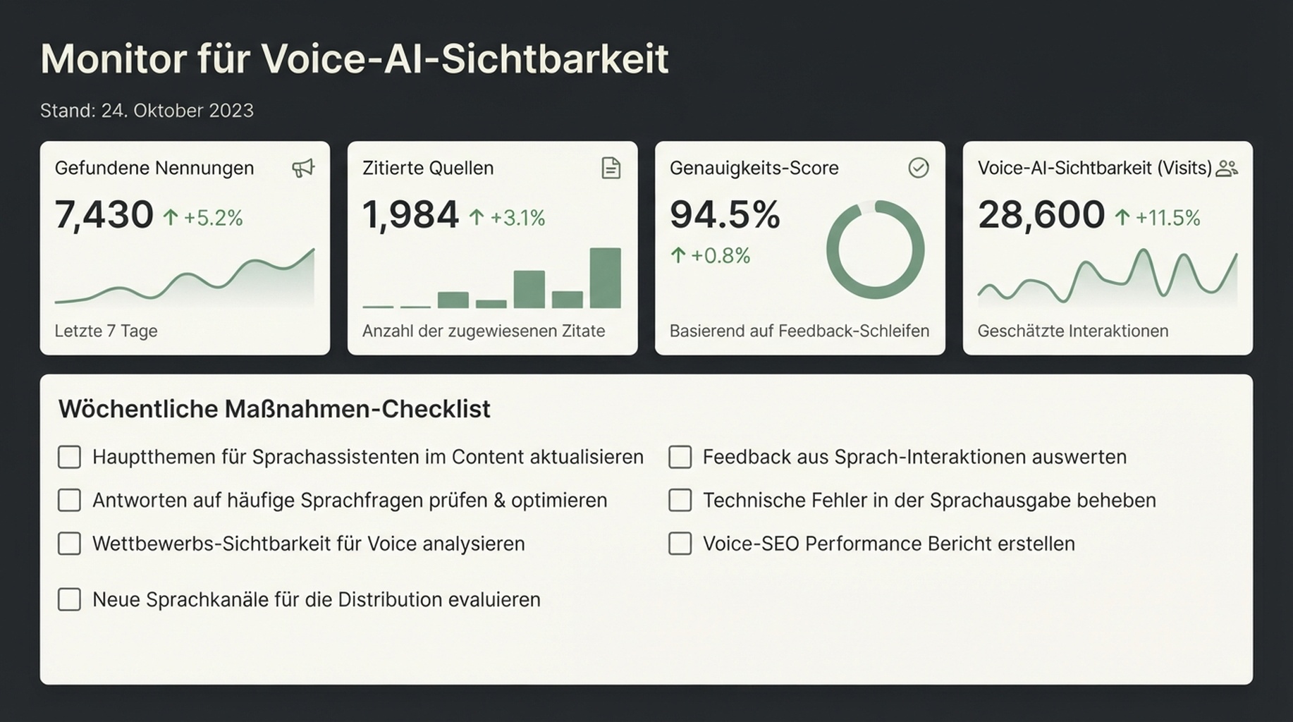 Monitor für Voice-AI-Sichtbarkeit mit Prüfungen für Abruf, Zitate, Genauigkeit und Besuche