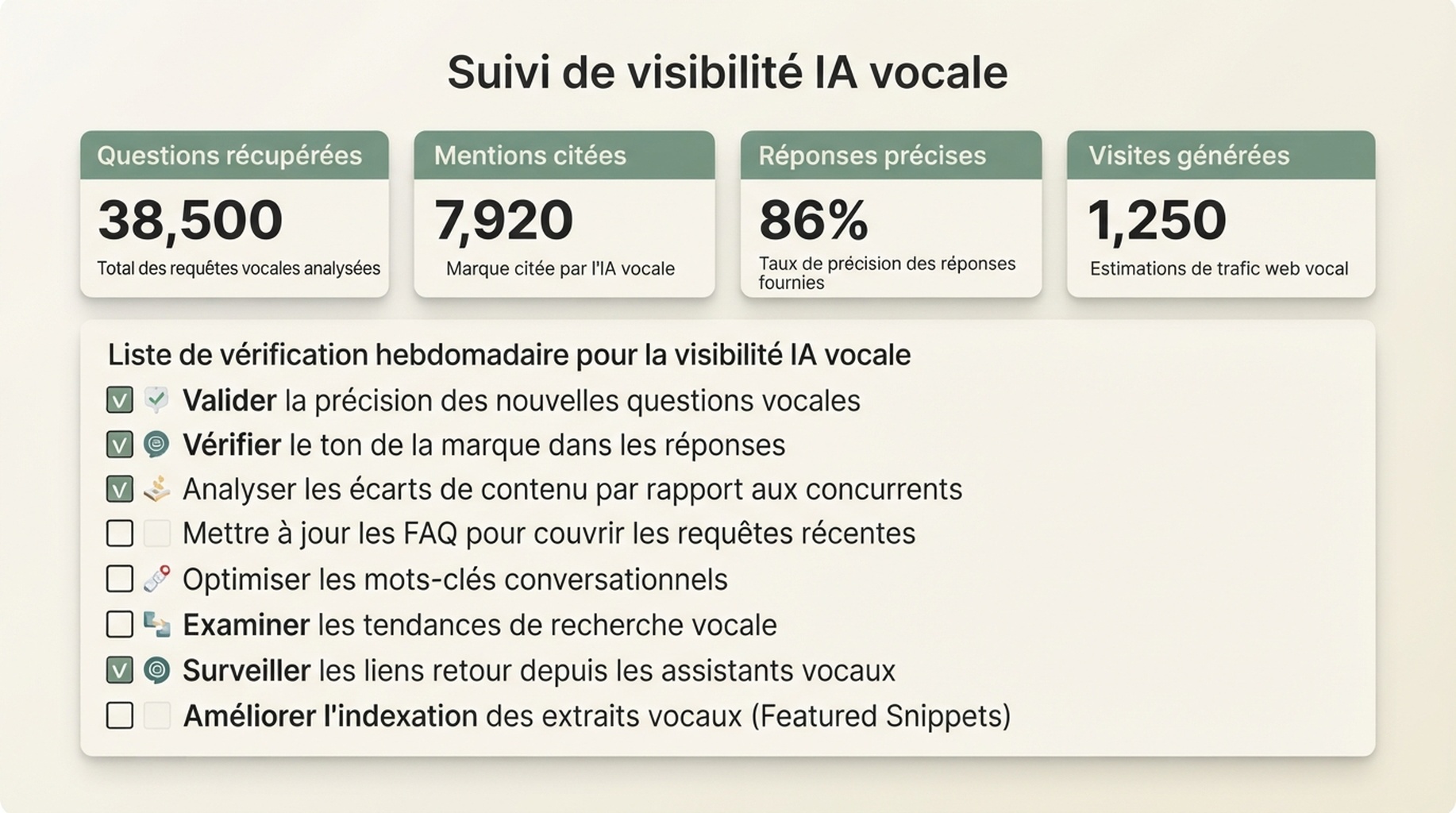 Tableau de suivi de la visibilité IA vocale avec contrôles de récupération, citations, précision et visites