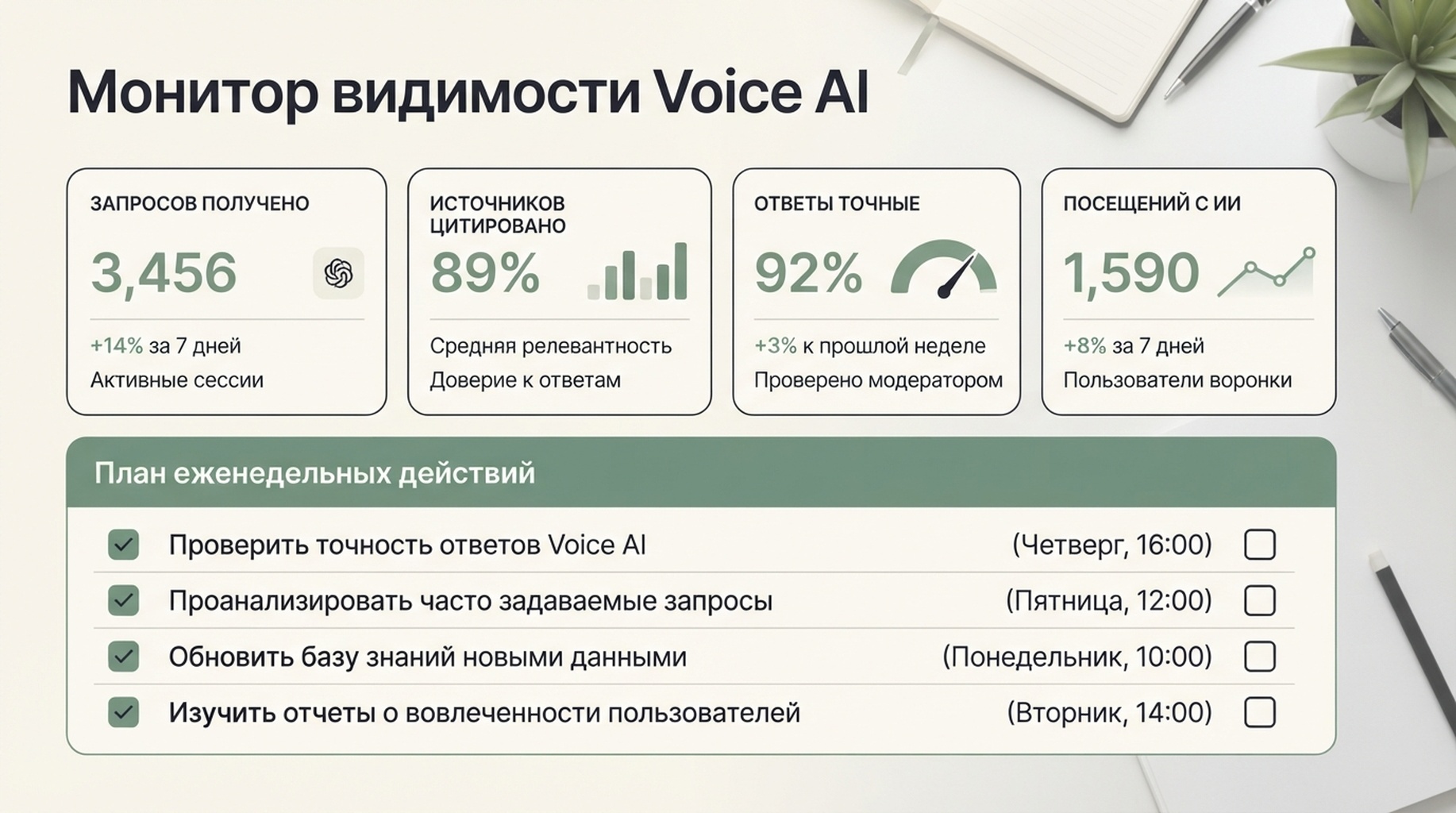 Монитор видимости Voice AI с проверками извлечения, цитирований, точности и посещений