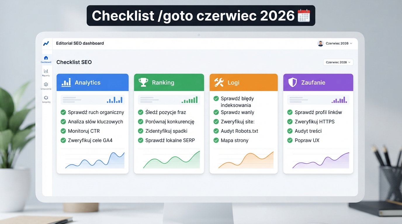 Dashboard-checklista do monitoringu analytics, rank trackerów, logów i zaufania po obserwacjach google.com/goto w czerwcu 2026