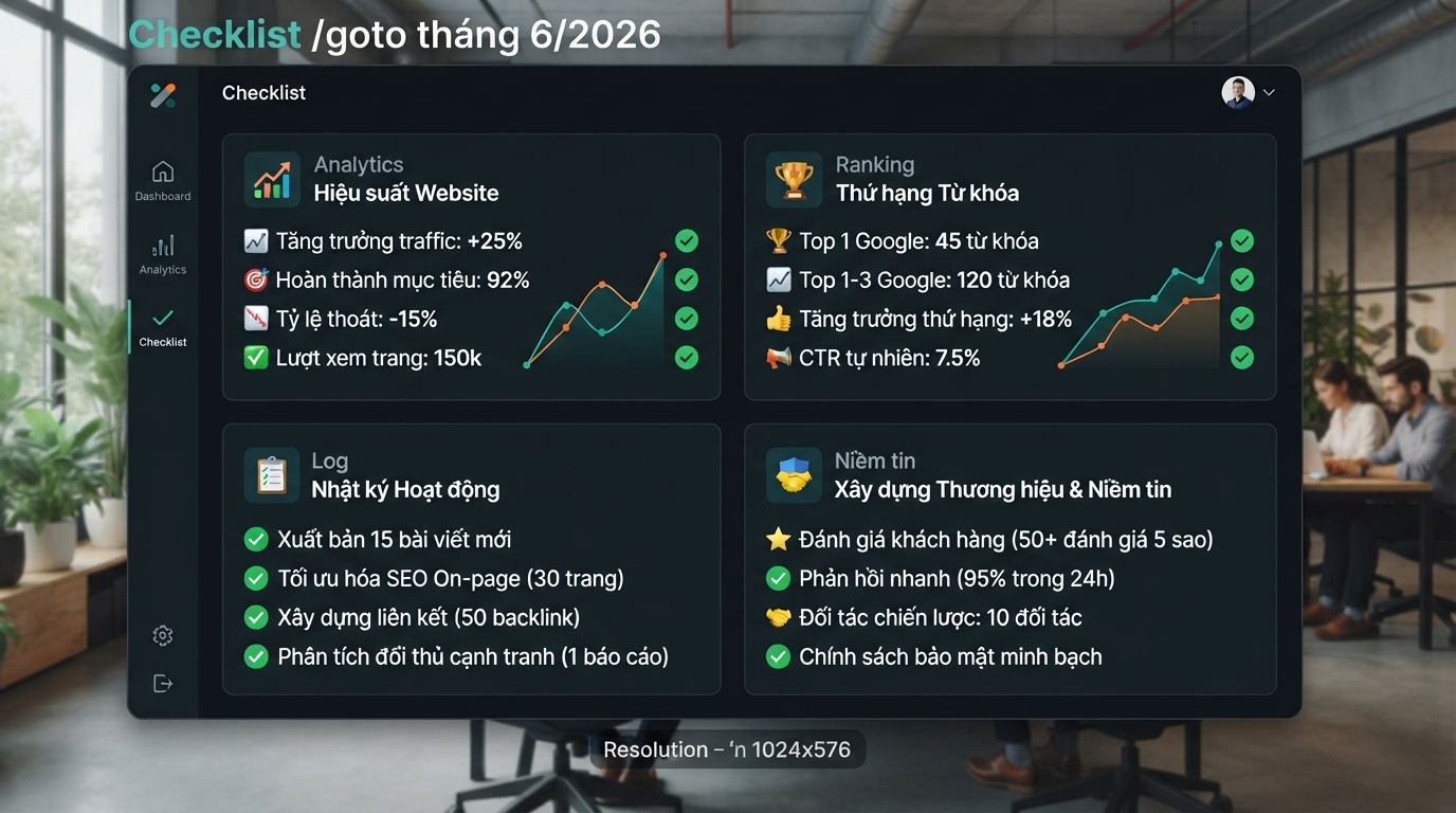 Dashboard checklist để theo dõi analytics, rank tracker, log và niềm tin sau quan sát google.com/goto tháng 6/2026