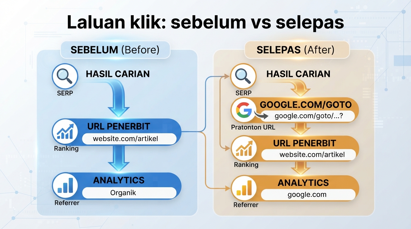 Rajah membandingkan klik langsung daripada hasil Google dengan laluan redirect google.com/goto yang baharu