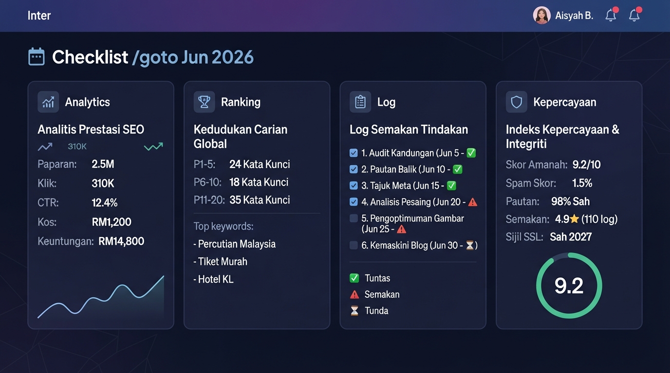 Dashboard checklist untuk memantau analytics, rank tracker, log dan kepercayaan selepas pemerhatian google.com/goto Jun 2026