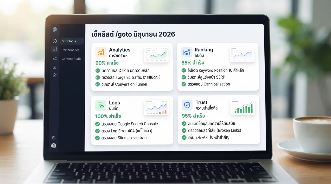 Dashboard checklist สำหรับติดตาม analytics, rank tracker, logs และ trust หลังพบ google.com/goto ในมิถุนายน 2026