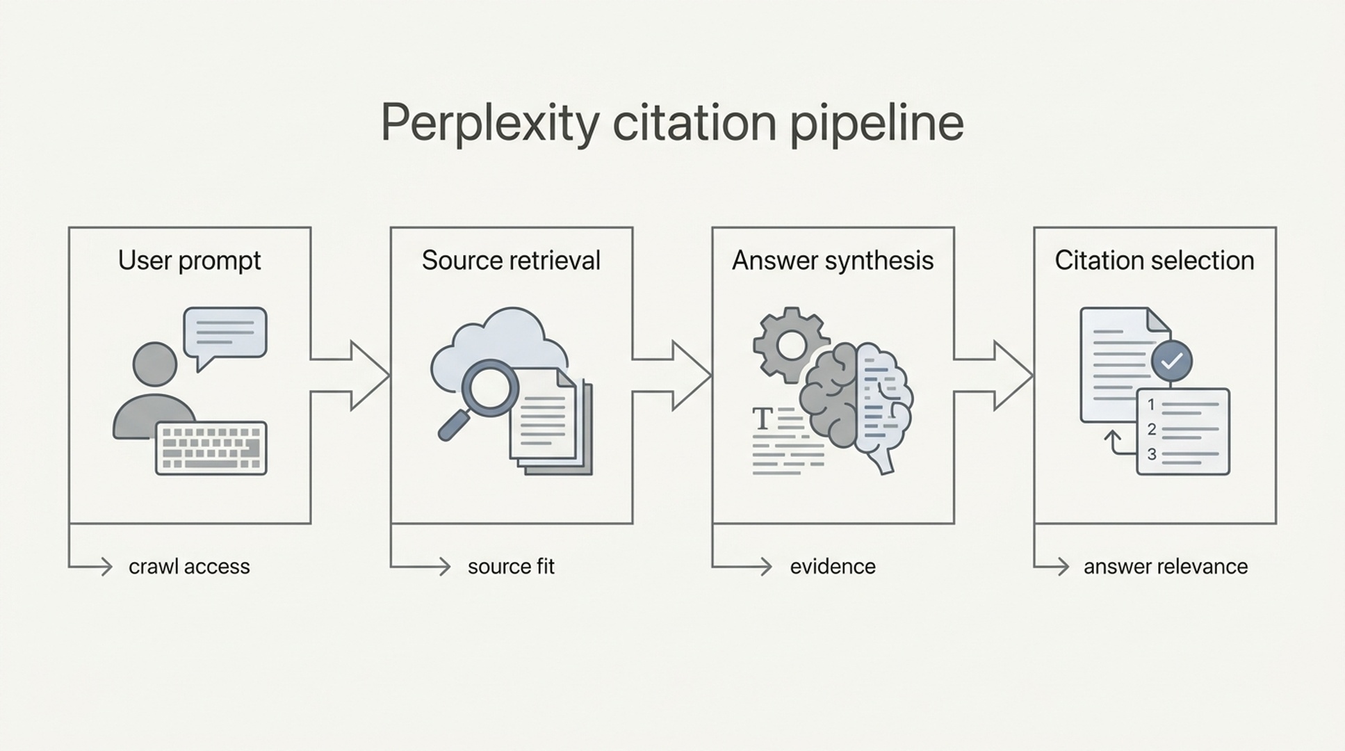 Diagram showing Perplexity moving from user prompt to retrieved sources, synthesized answer, and cited URLs.