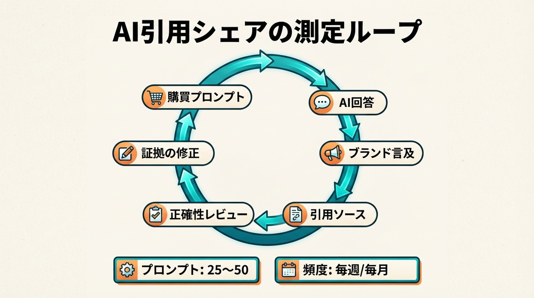 買い手プロンプト、AI回答、ブランド言及、引用ソース、正確性レビュー、証拠修正を通じてAI引用シェアを測定する循環ワークフロー