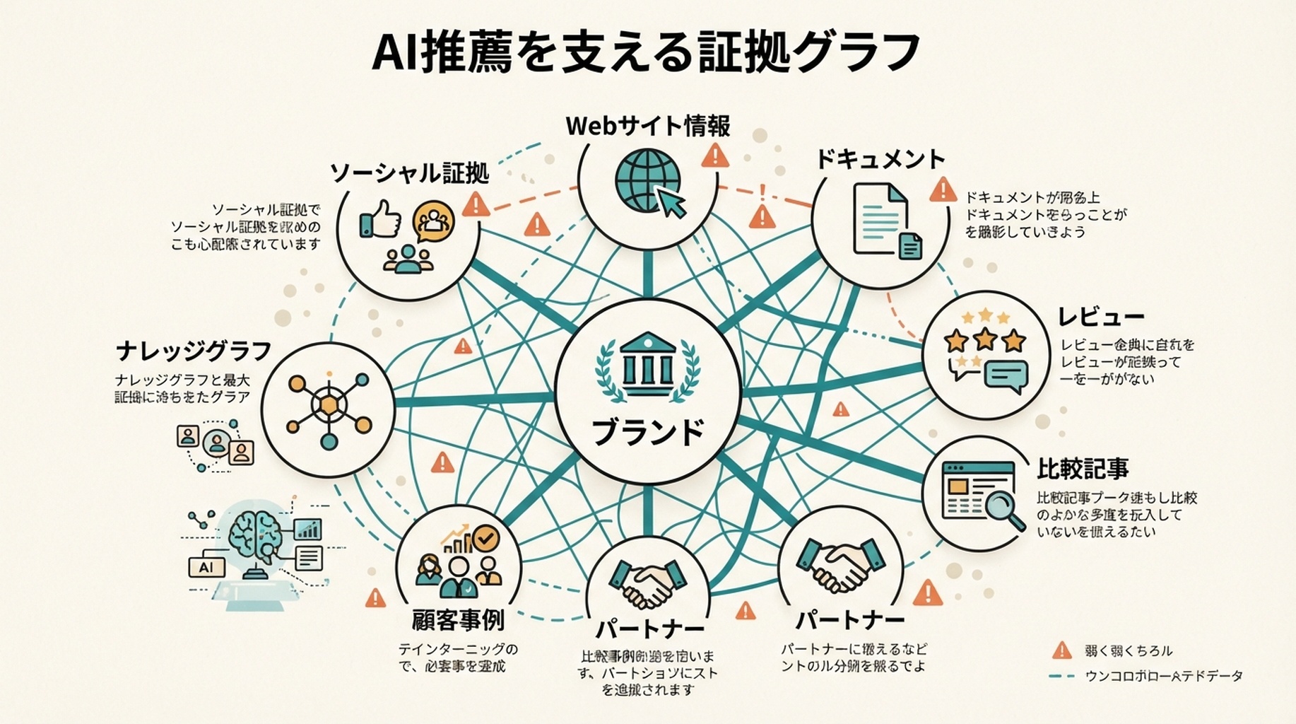Webサイト情報、ドキュメント、レビュー、比較記事、パートナー、顧客事例、ナレッジグラフ、ソーシャル証拠がAIによるブランド推薦を支える証拠グラフ