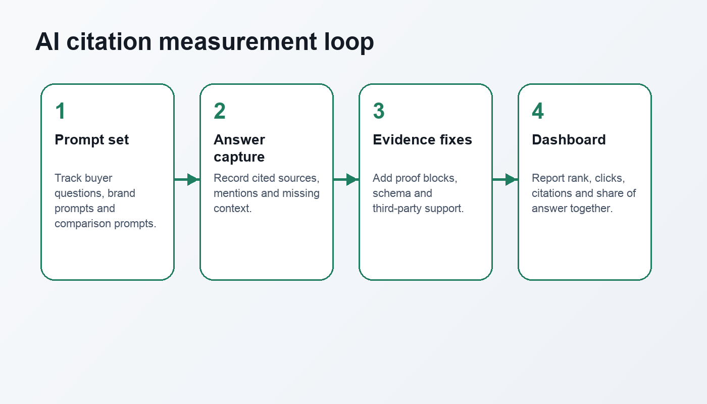An AI citation measurement loop connecting prompt sets, answer capture, evidence fixes, and dashboards