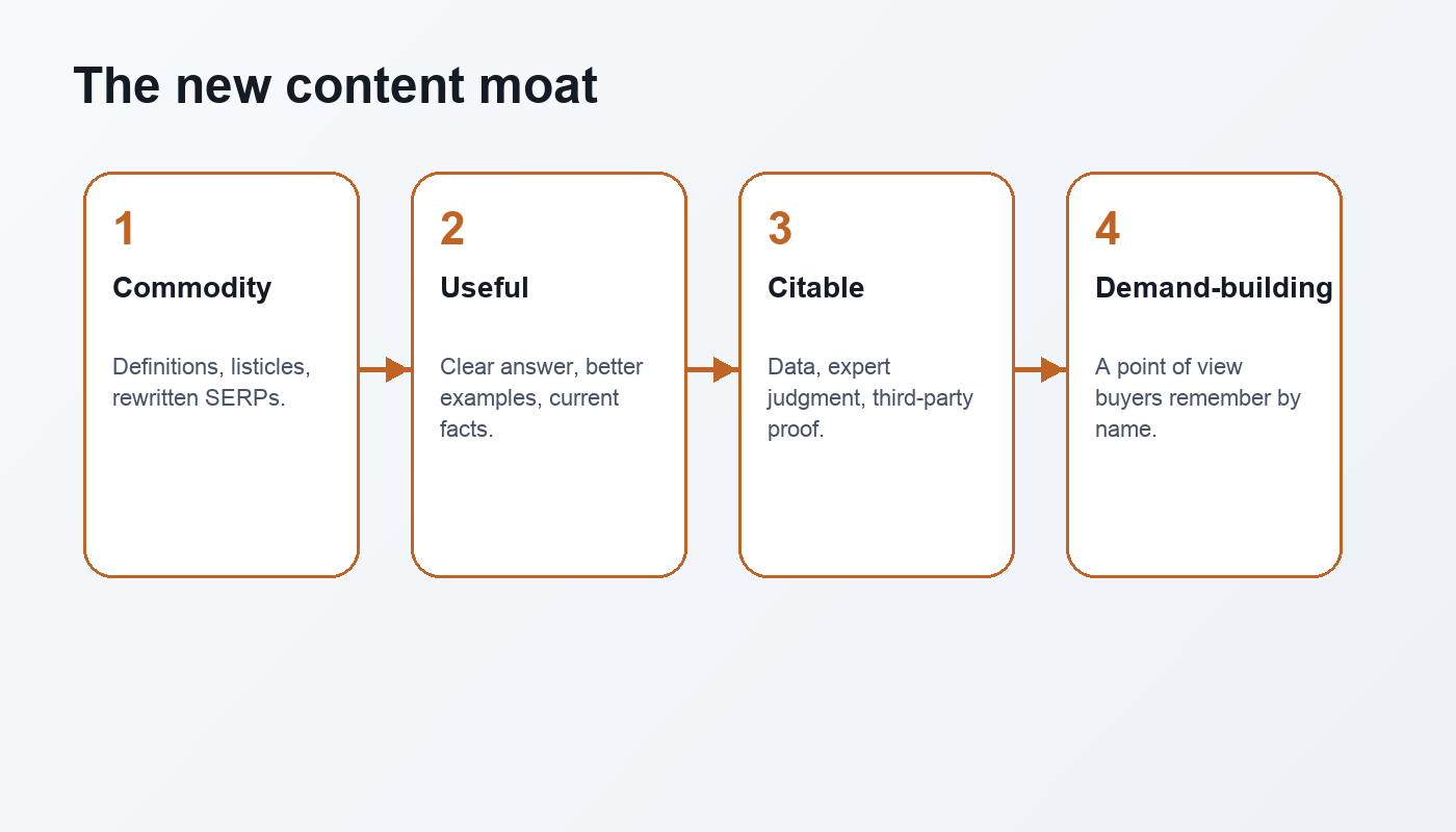 A four-level content moat showing commodity, useful, citable, and demand-building content