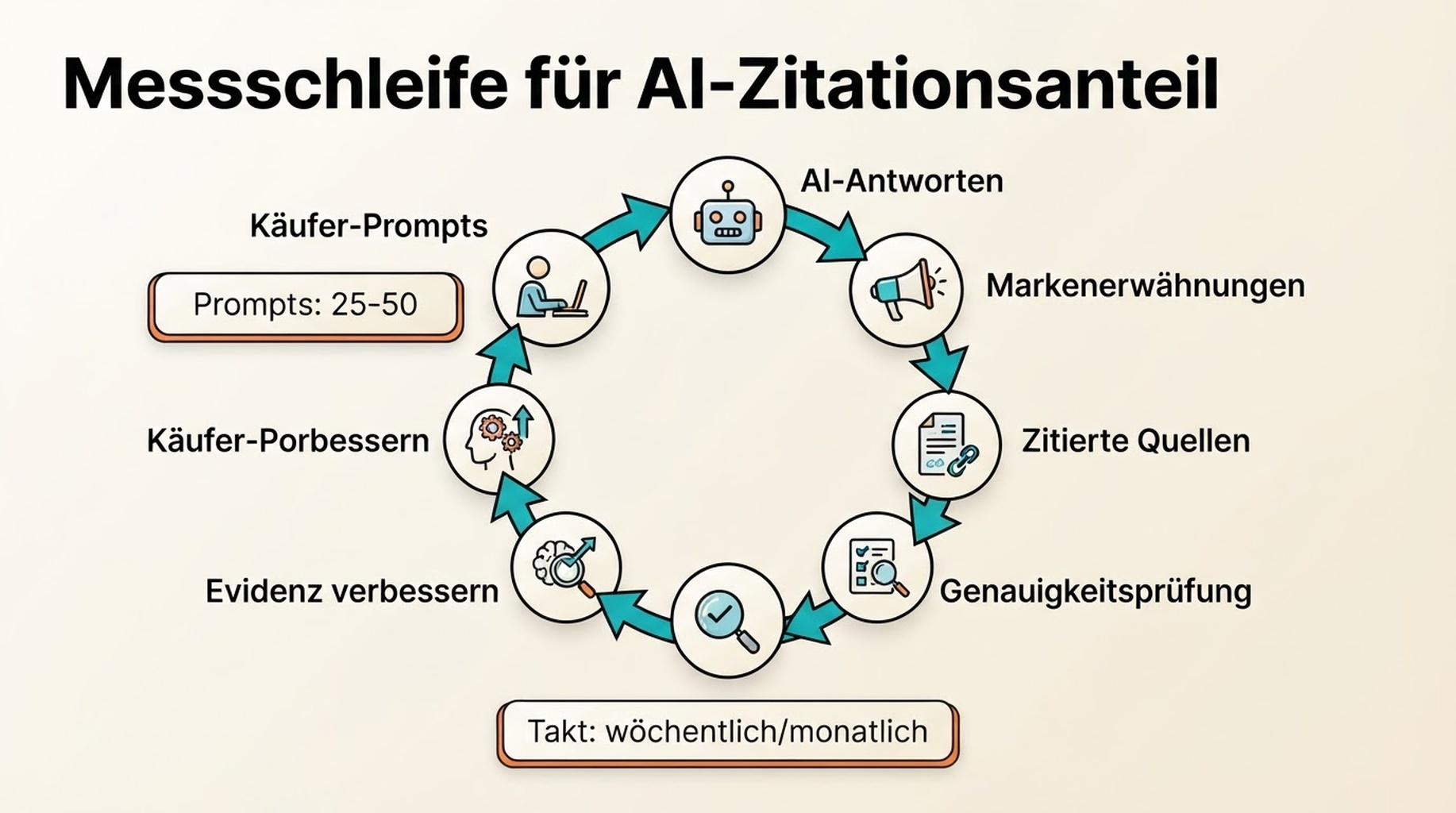 Kreisförmiger Workflow zur Messung des AI-Zitationsanteils über Käufer-Prompts, AI-Antworten, Markenerwähnungen, zitierte Quellen, Genauigkeitsprüfung und Evidenzverbesserung