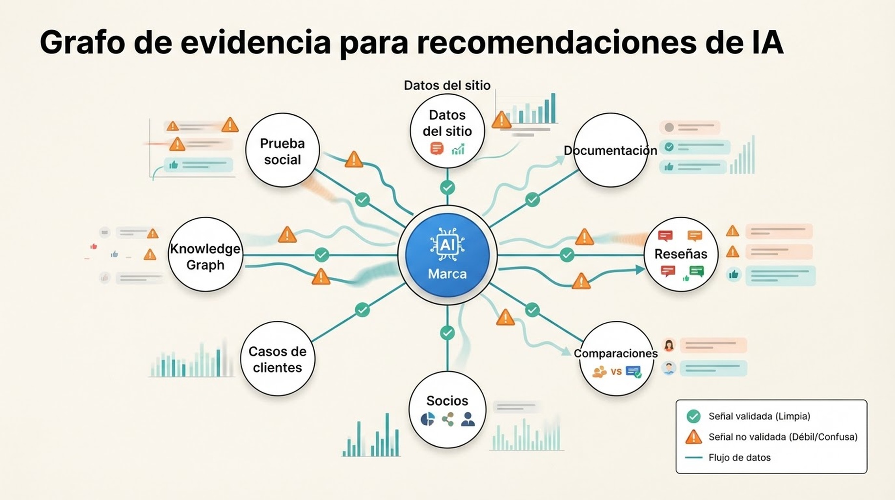 Grafo de evidencia que muestra cómo datos del sitio, documentación, reseñas, comparaciones, socios, casos de clientes, Knowledge Graph y prueba social respaldan recomendaciones de marca por IA