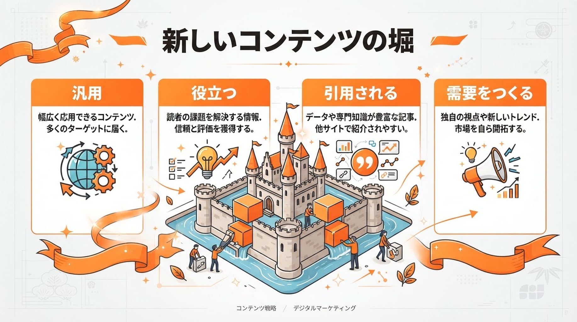 汎用コンテンツ、役立つコンテンツ、引用されるコンテンツ、需要をつくるコンテンツという四段階のコンテンツの堀