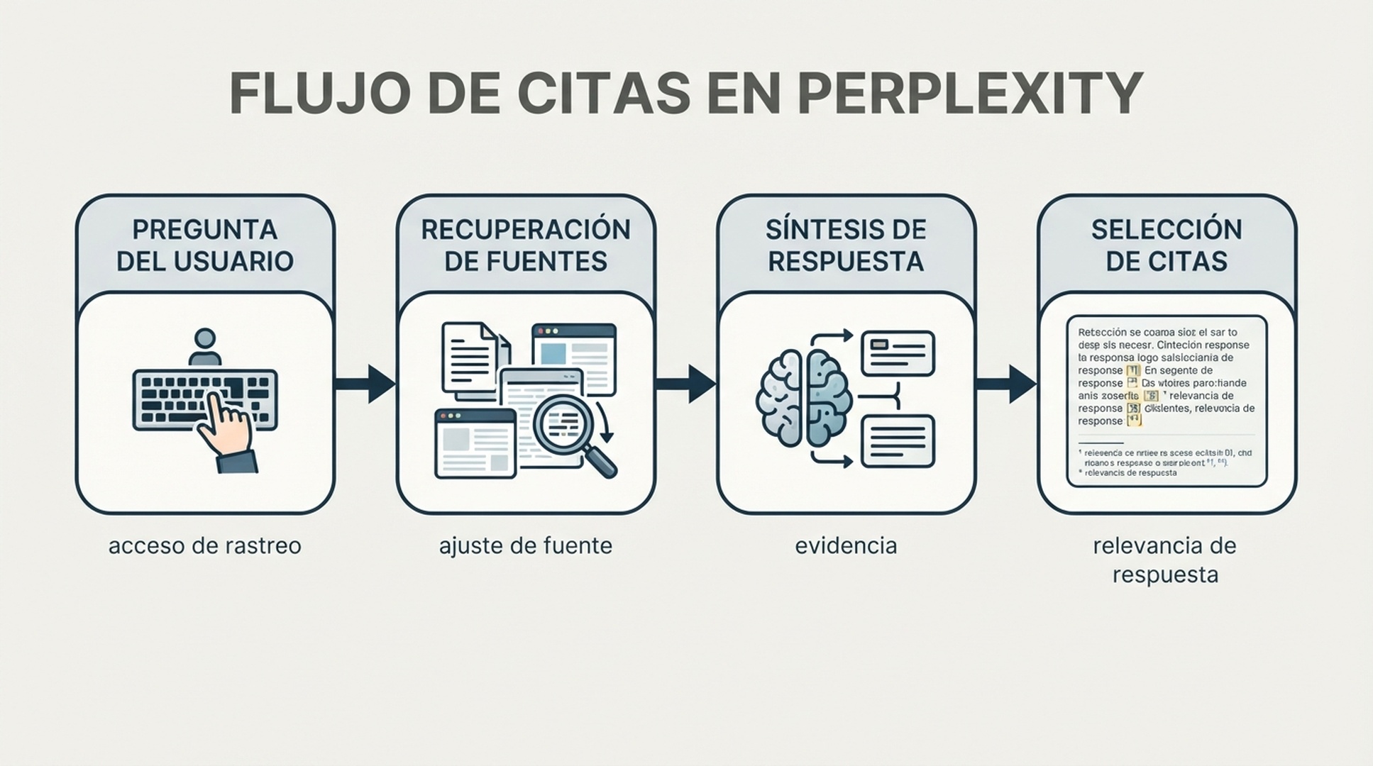 Diagrama que muestra cómo Perplexity pasa de una pregunta del usuario a fuentes recuperadas, una respuesta sintetizada y URLs citadas.
