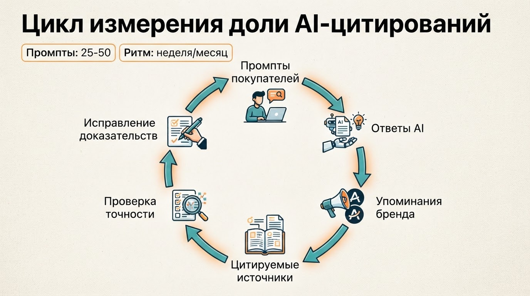 Круговой workflow для измерения доли AI-цитирований через промпты покупателей, ответы AI, упоминания бренда, цитируемые источники, проверку точности и исправление доказательств