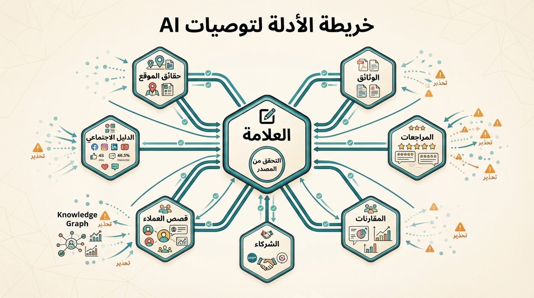خريطة أدلة توضح كيف تدعم حقائق الموقع والوثائق والمراجعات والمقارنات والشركاء وقصص العملاء وKnowledge Graph والدليل الاجتماعي توصيات AI للعلامة