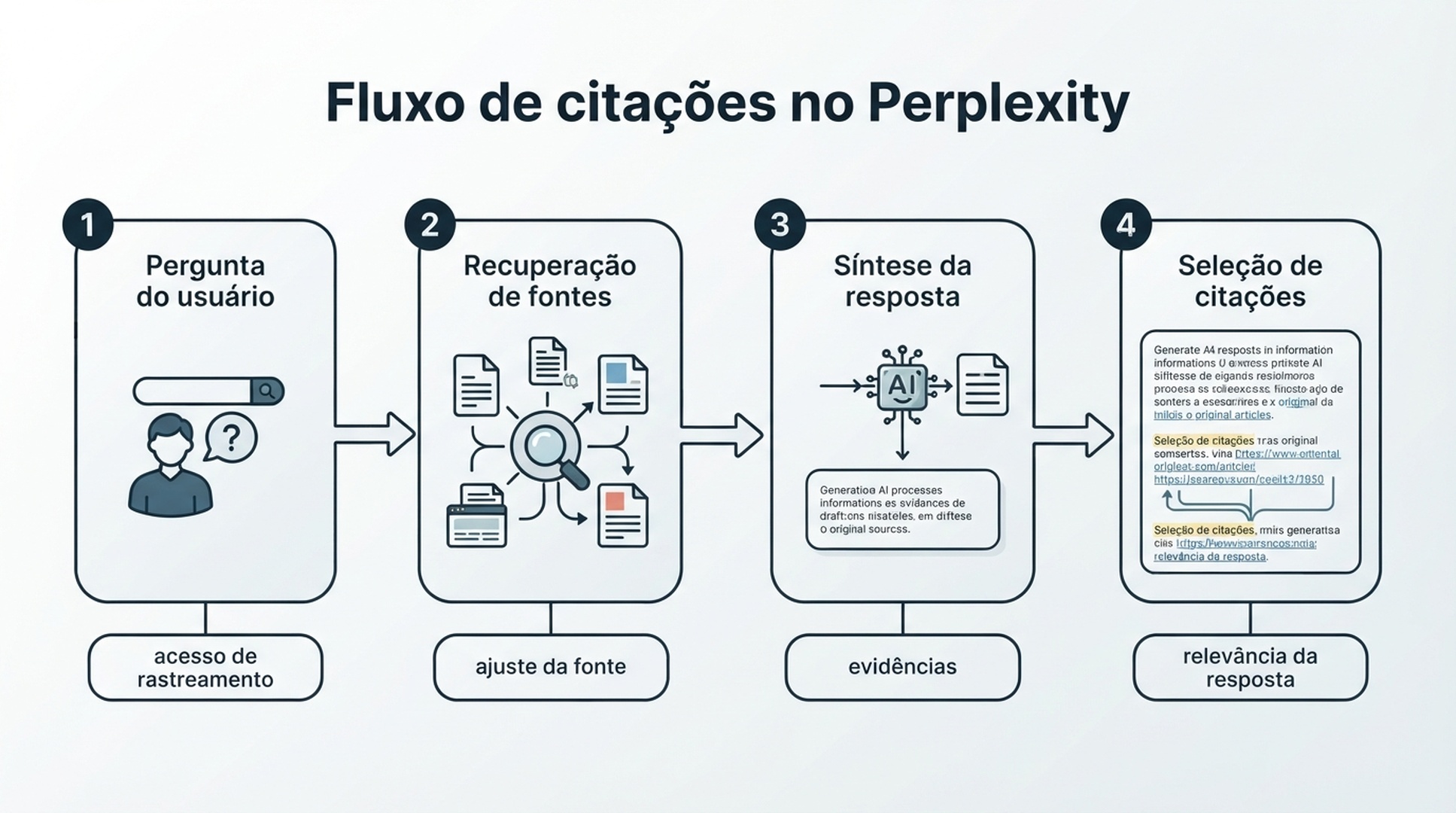 Diagrama mostrando como o Perplexity passa de uma pergunta do usuário para fontes recuperadas, resposta sintetizada e URLs citadas.