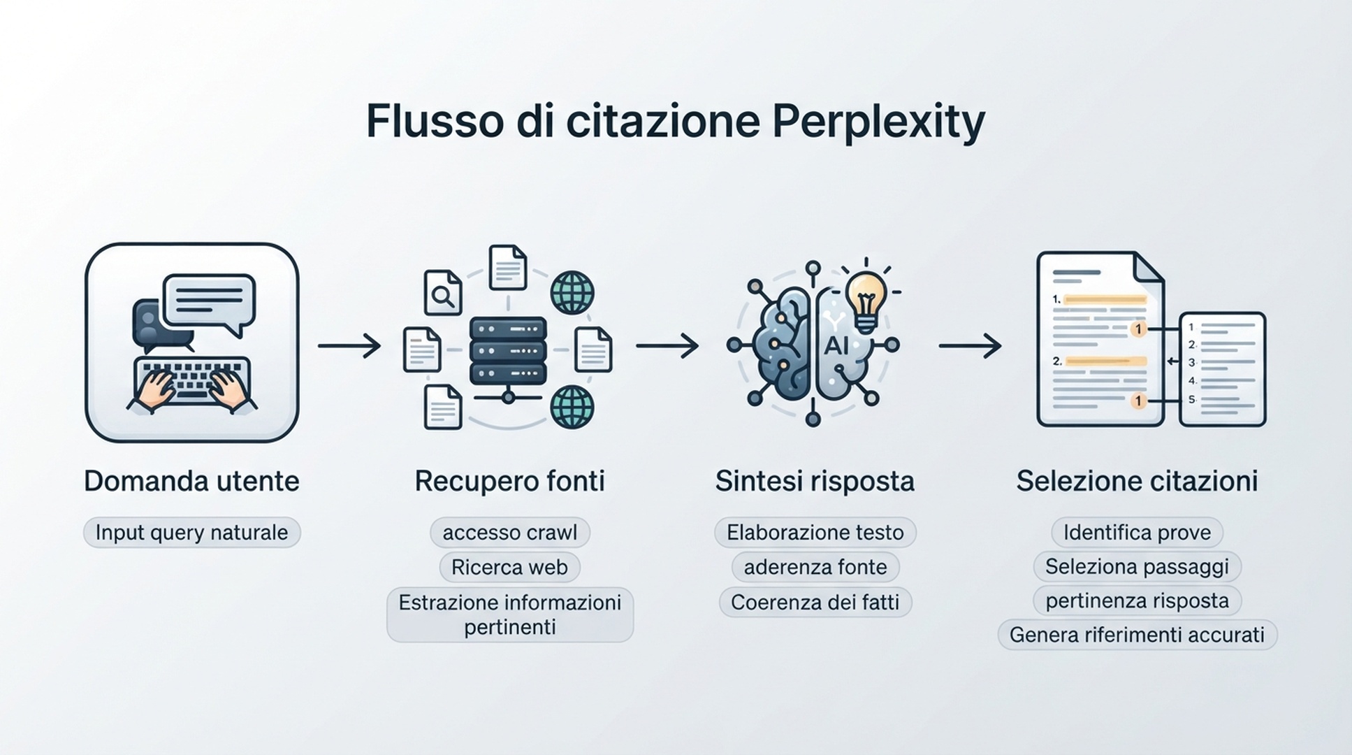 Diagramma che mostra come Perplexity passa da una domanda utente a fonti recuperate, risposta sintetizzata e URL citati.